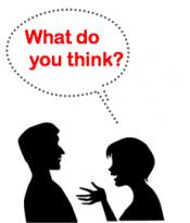 Illustrated silhouette of two figures. One has a bubble quotation asking, "What do you think?"