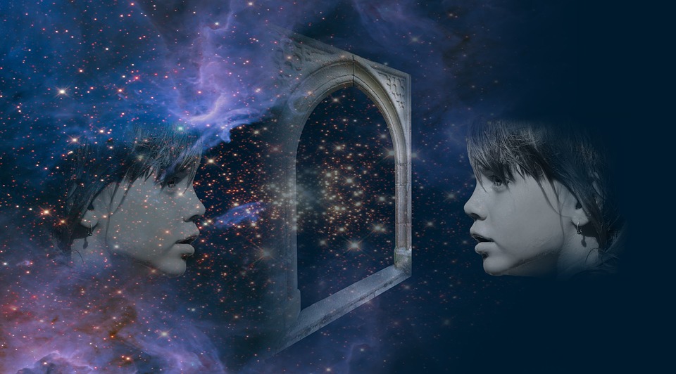 Black, purple, and blue galaxy in the back with a mirrored image of a young girl looking at each other.