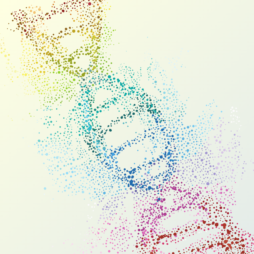 a multicolor DNA strand dissolving onto a yellow background 