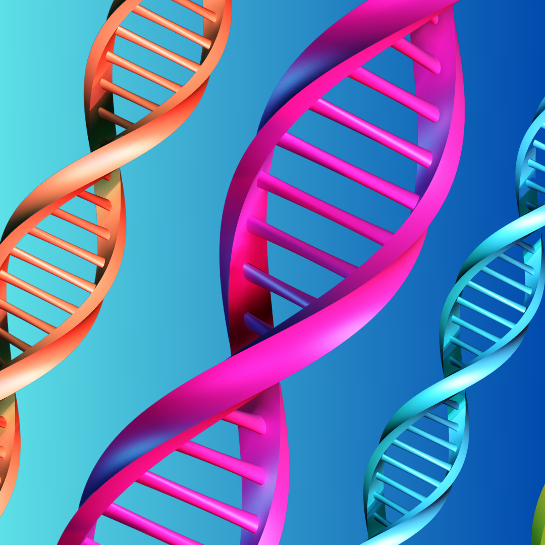 multicolor strands of DNA on blue gradient background