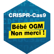 Hexagon-shaped sign reading "CRISPR-Cas9: Bebe OGM Non merci!"