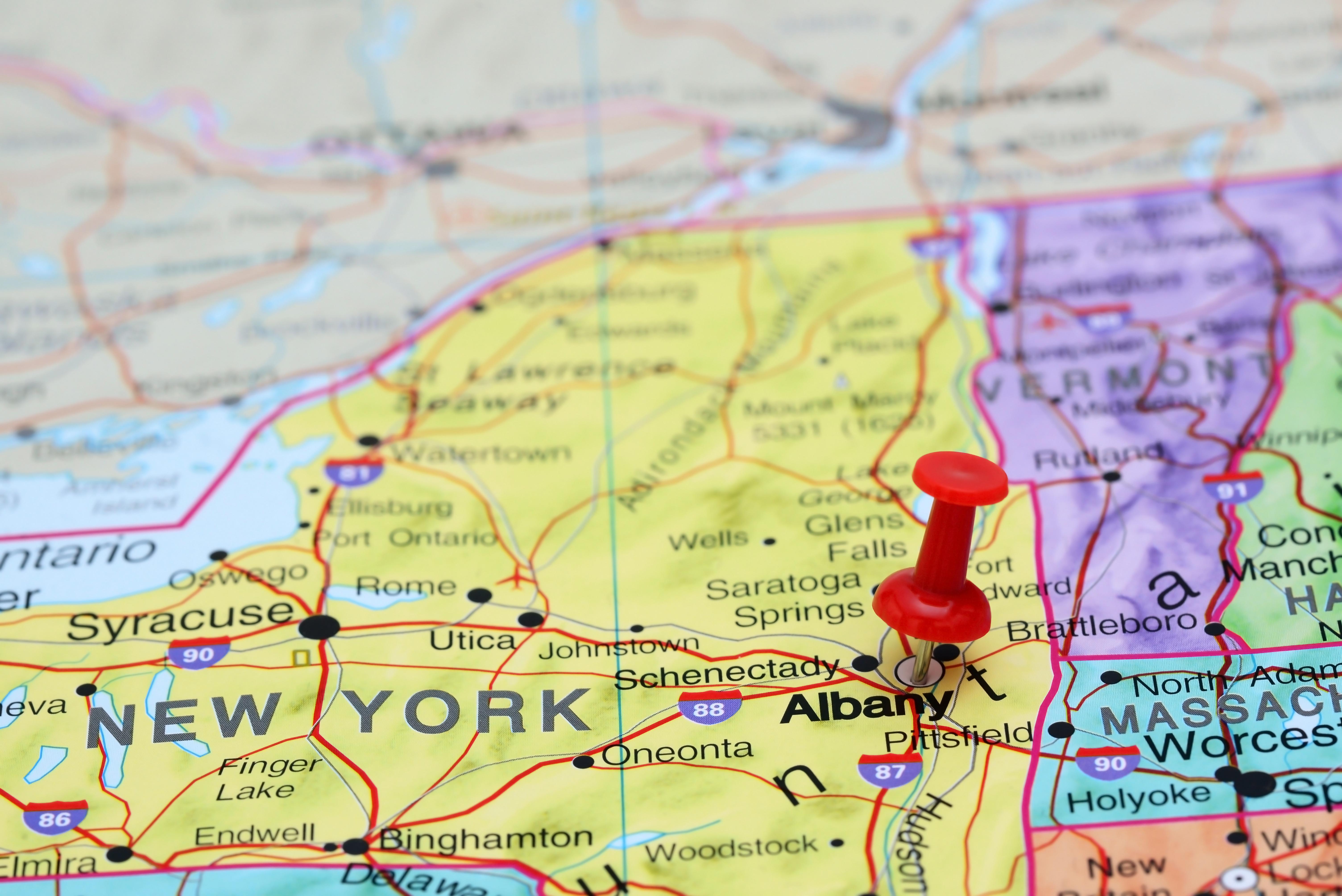 Map of New York State With a Red Pin Marking Albany
