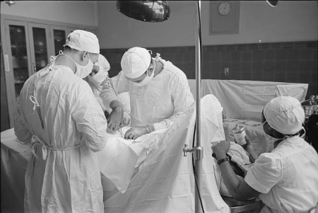 Black-and-white photo of an operation in progress