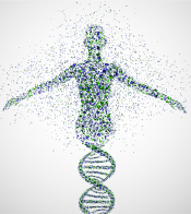an abstract human figure emerges from a dna helix