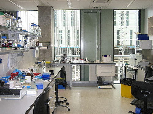 Photo of a lab bench, with several equipment on the desk.