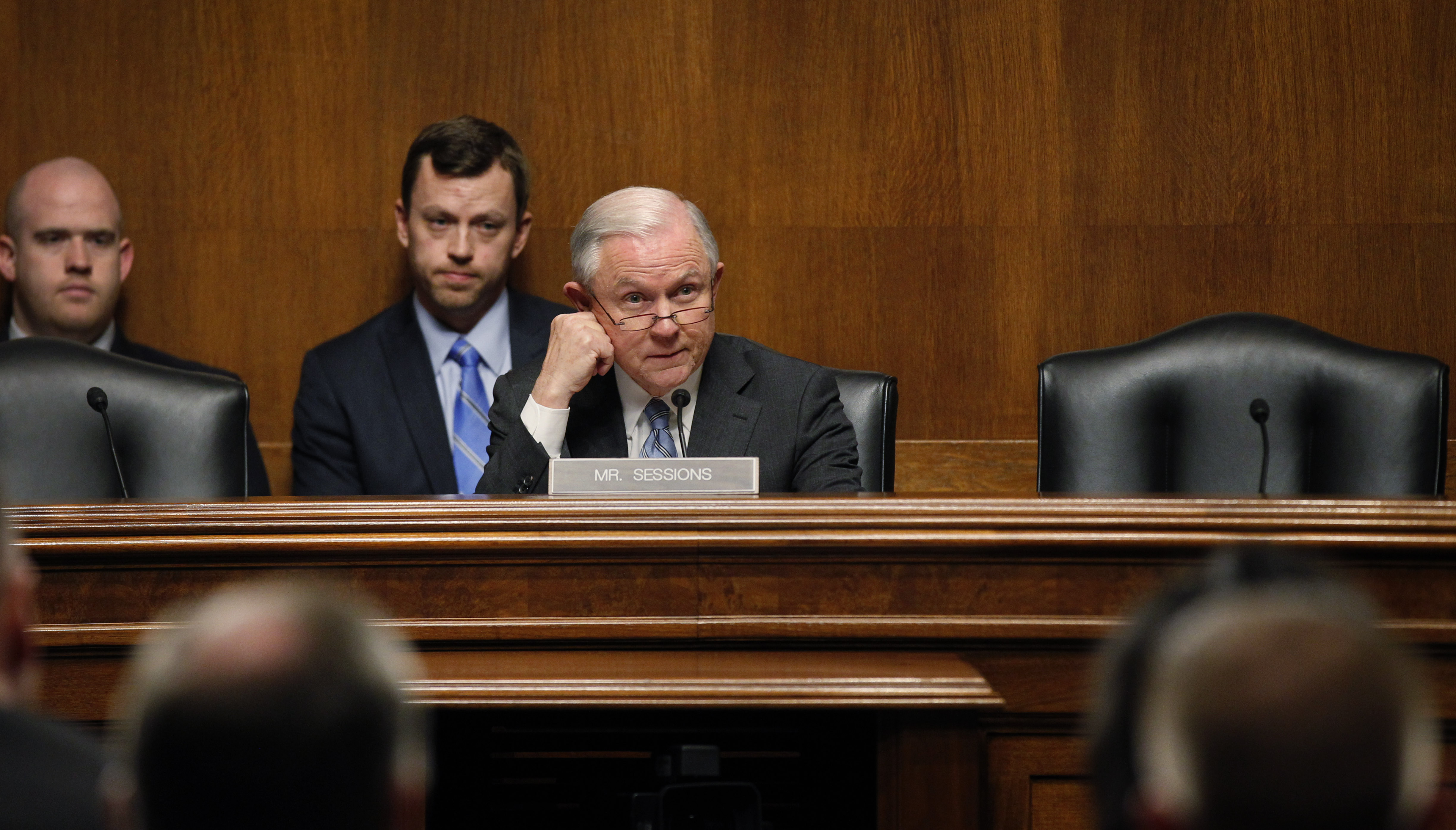 Portrait photo of Jeff Sessions during a testimony.