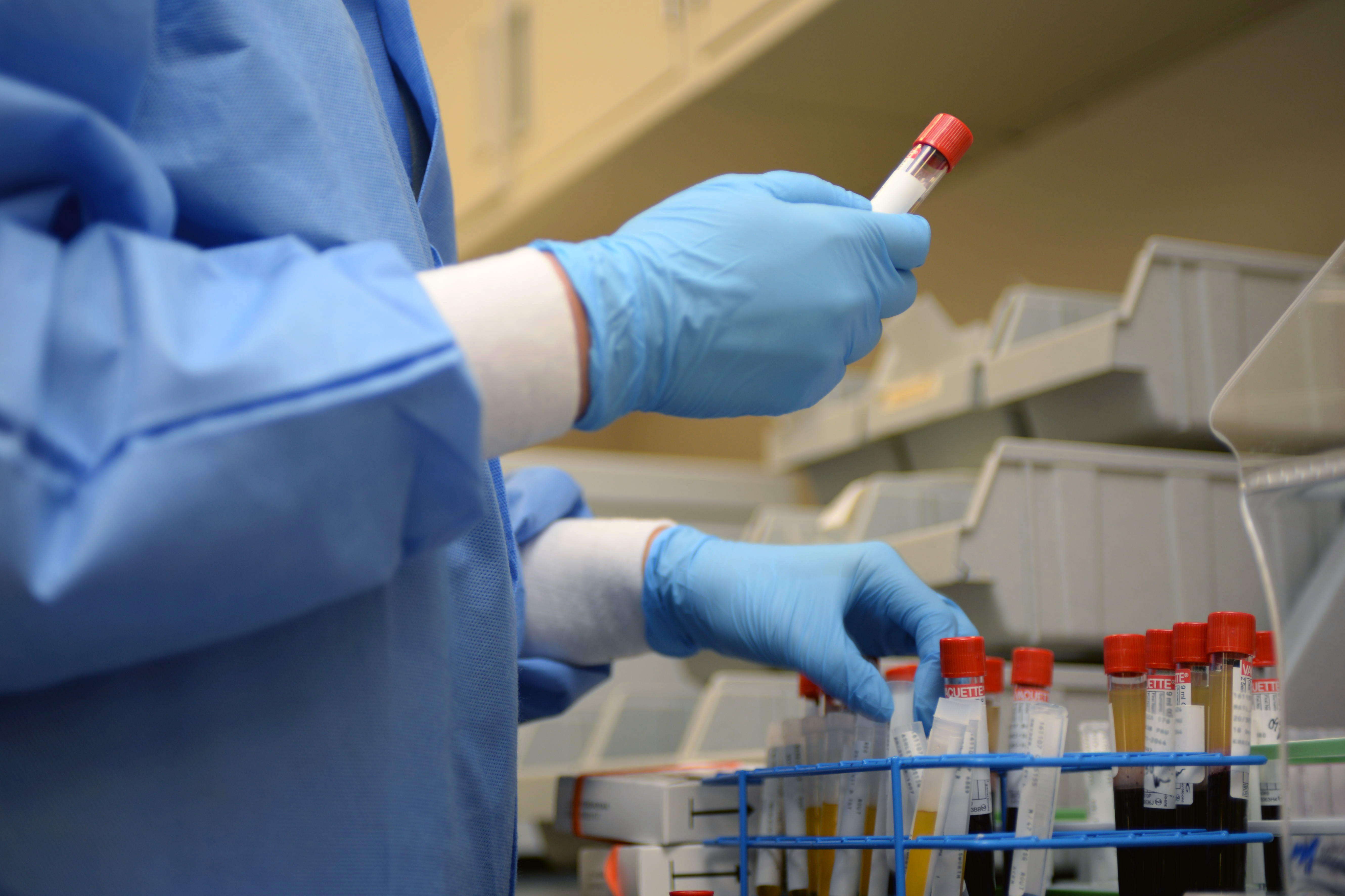 A laboratory technician handles capped test tubes while wearing safety gear and gloves. 