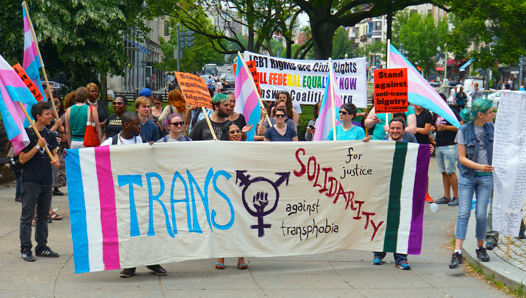 Demonstrators hold a banner stating "Trans Solidarity for justice, against transphobia." Other signs and protesters follow