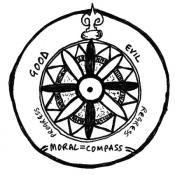 A black and white illustration of moral compass, with directions of "good," "evil," "progress," and "regress."