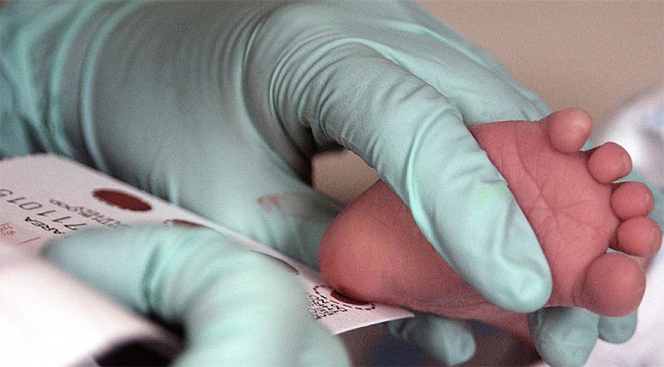 goved hands press a newborn's foot to a card to collect a blood sample