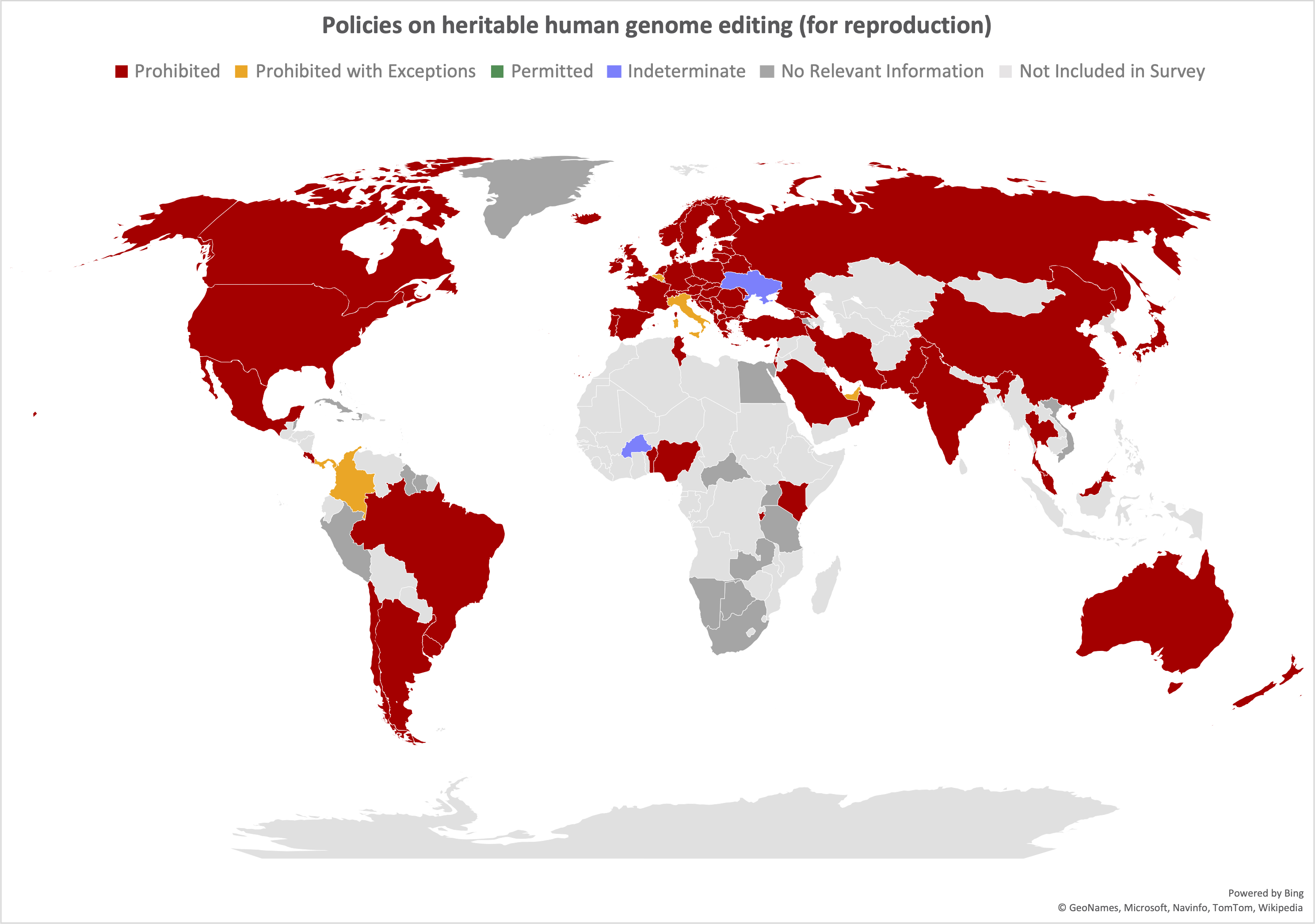 Map showing in red the countries where policies prohibit heritable human genome editing
