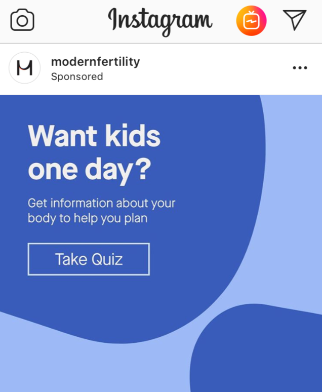 Blue Instagram advertisement for Modern Fertility, reading "Want kids one day?"