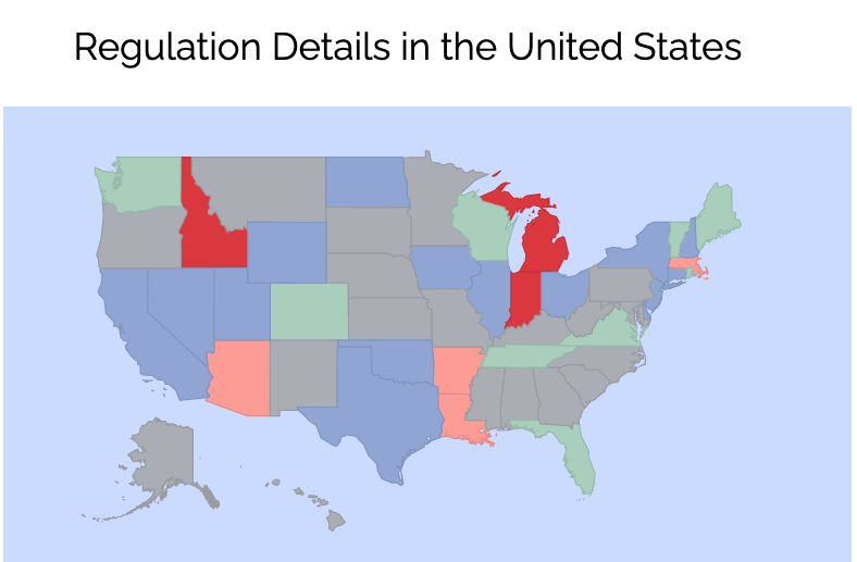 US map with different colors for state surrogacy policies