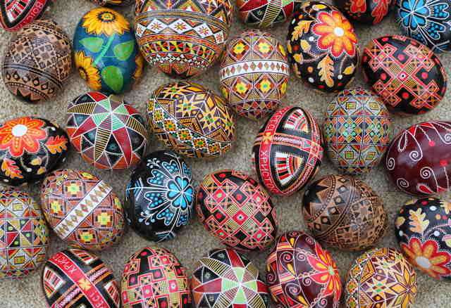Colorful, intricately decorated Ukrainian Easter eggs