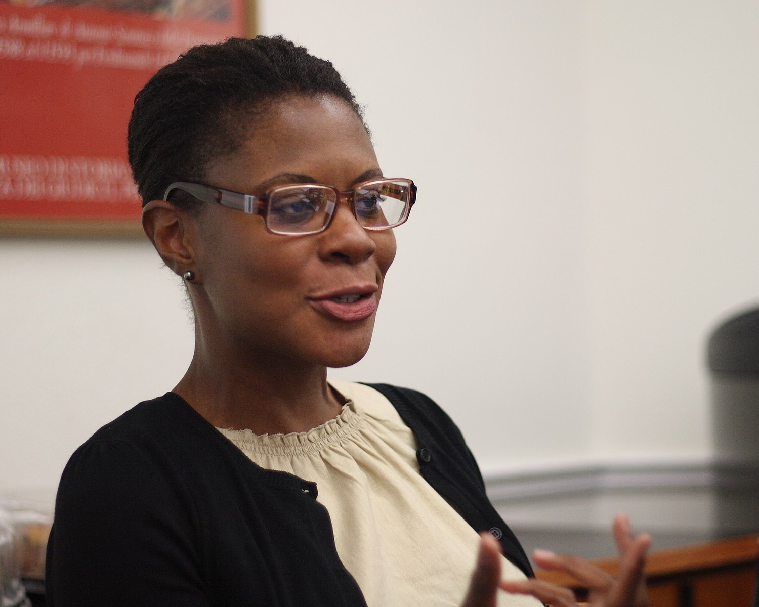 an image of the scholar Alondra Nelson wearing a beige blouse and black cardigan