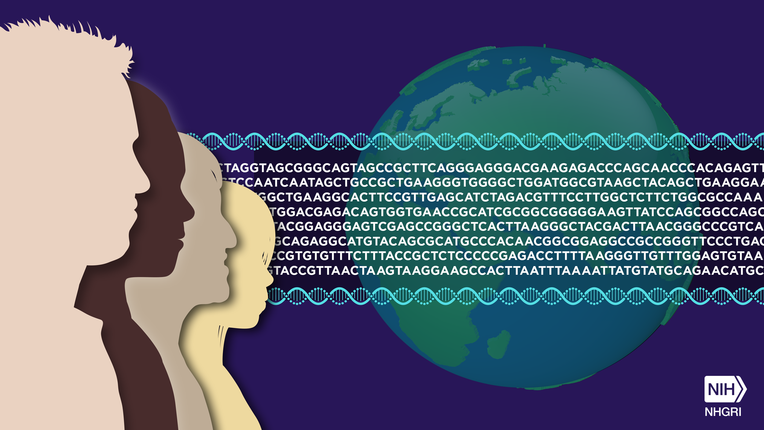 silhouettes of people in front of DNA sequences and a graphic of planet earth