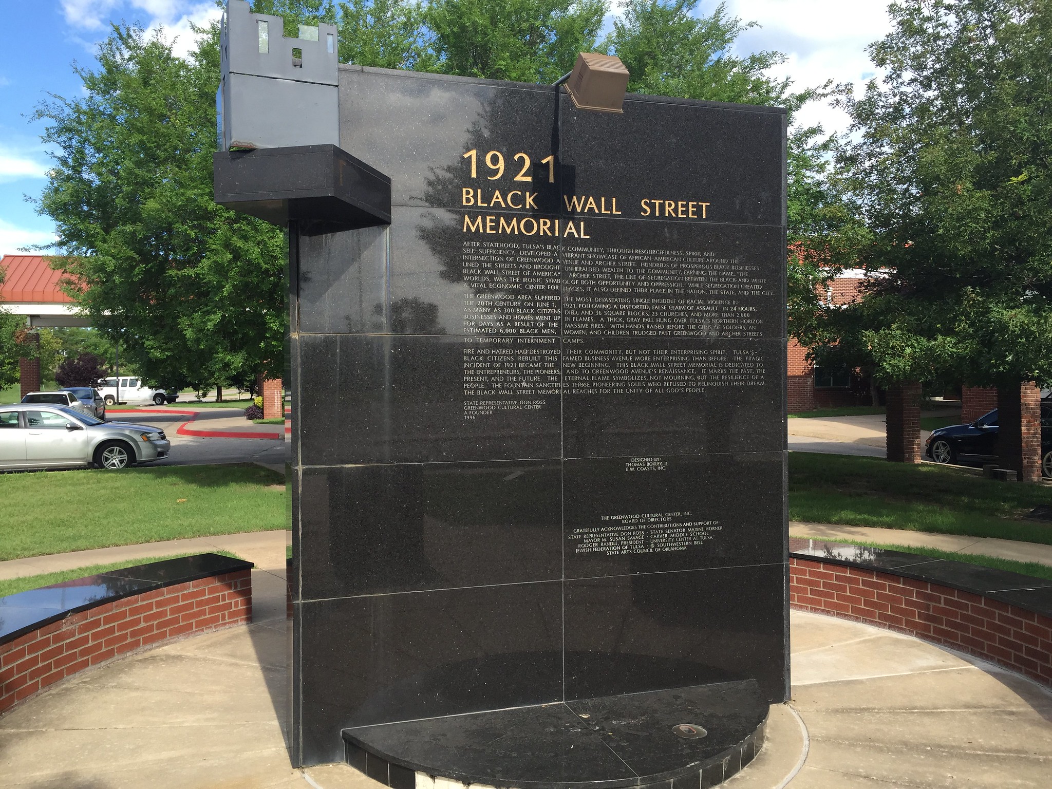 a photo of a commemorative monument in Tulsa on Black Wall Street, site of the Tulsa Race Massacre