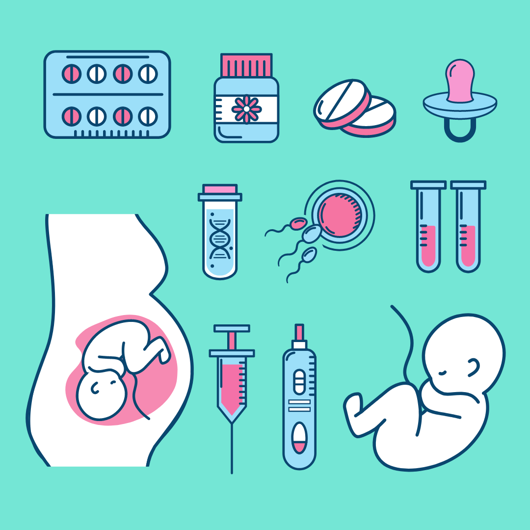 a collage that shows various assisted reproductive technologies. It is composed of various cartoon images surrounding fertility that is white, blue, and pink. This is on a teal background.