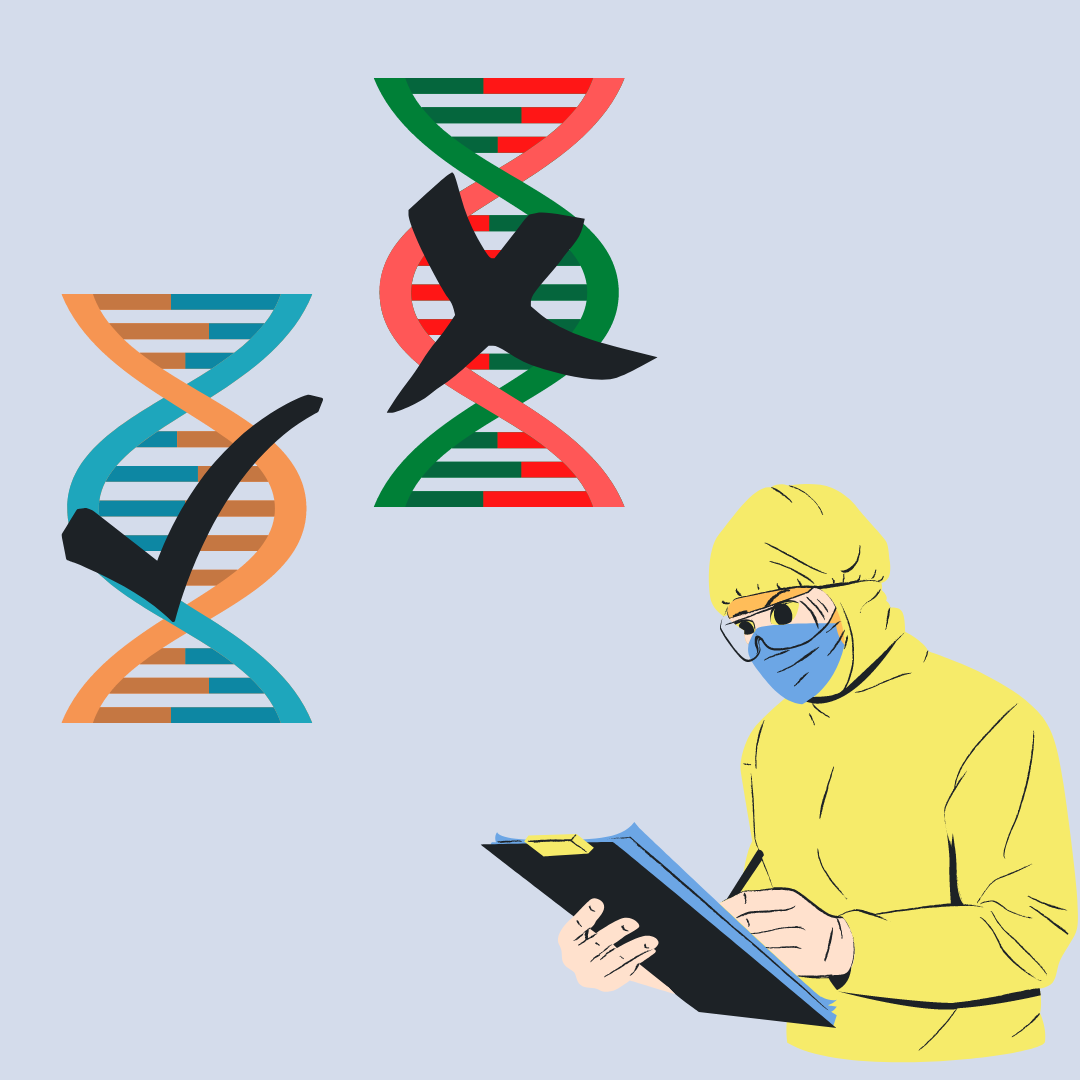 drawing of a scientist writing on a clipboard with two strands of DNA above, one labeled with a check mark and the other with an X