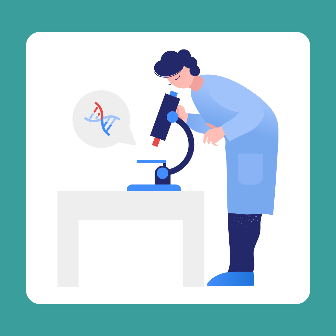 scientist looking at DNA strand in microscope graphic