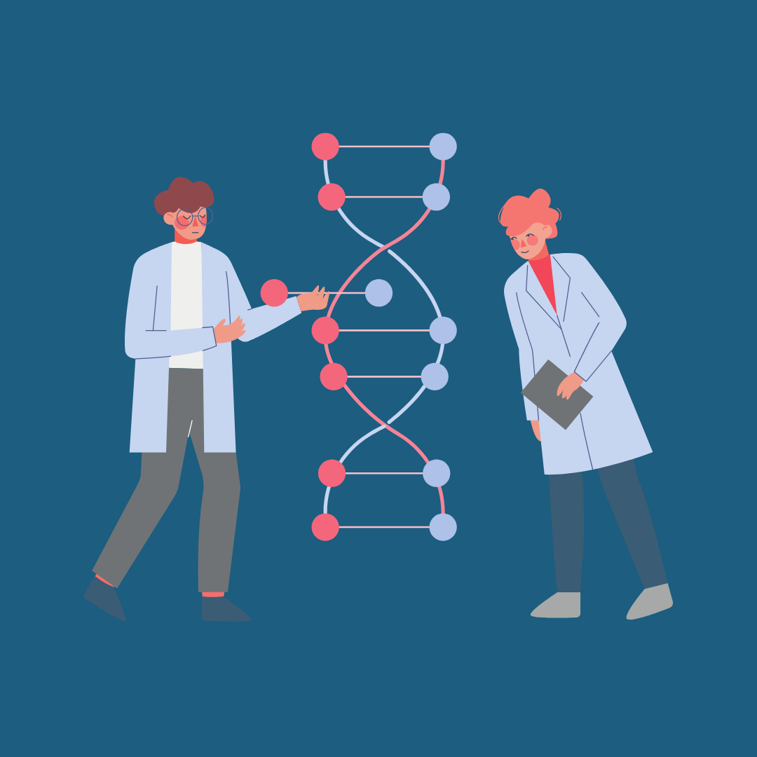 a blue background with two people in lab coats one of whom is taking a piece of a DNA strand out of the strand