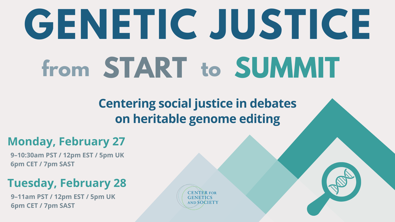 a flyer for the Genetic Justice from Start to Summit events