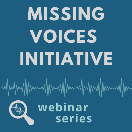 Navy background with text MISSING VOICES INITIATIVE webinar series and sound wave graphic 