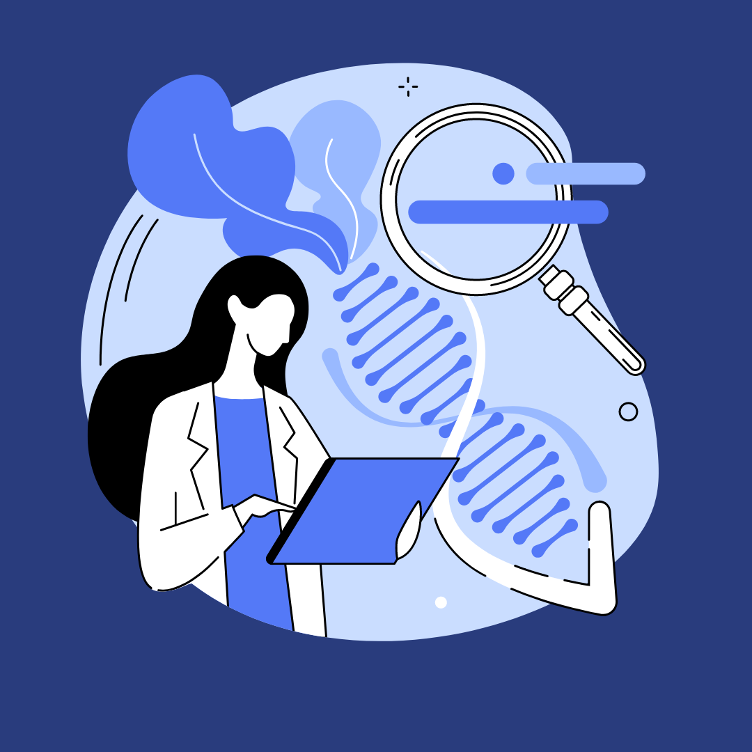 animation of a woman workin gin a lab with a graphic of a DNA helix and magnifying glass