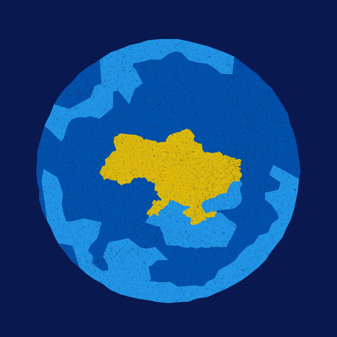 globe graphic with Ukraine highlighted in yellow