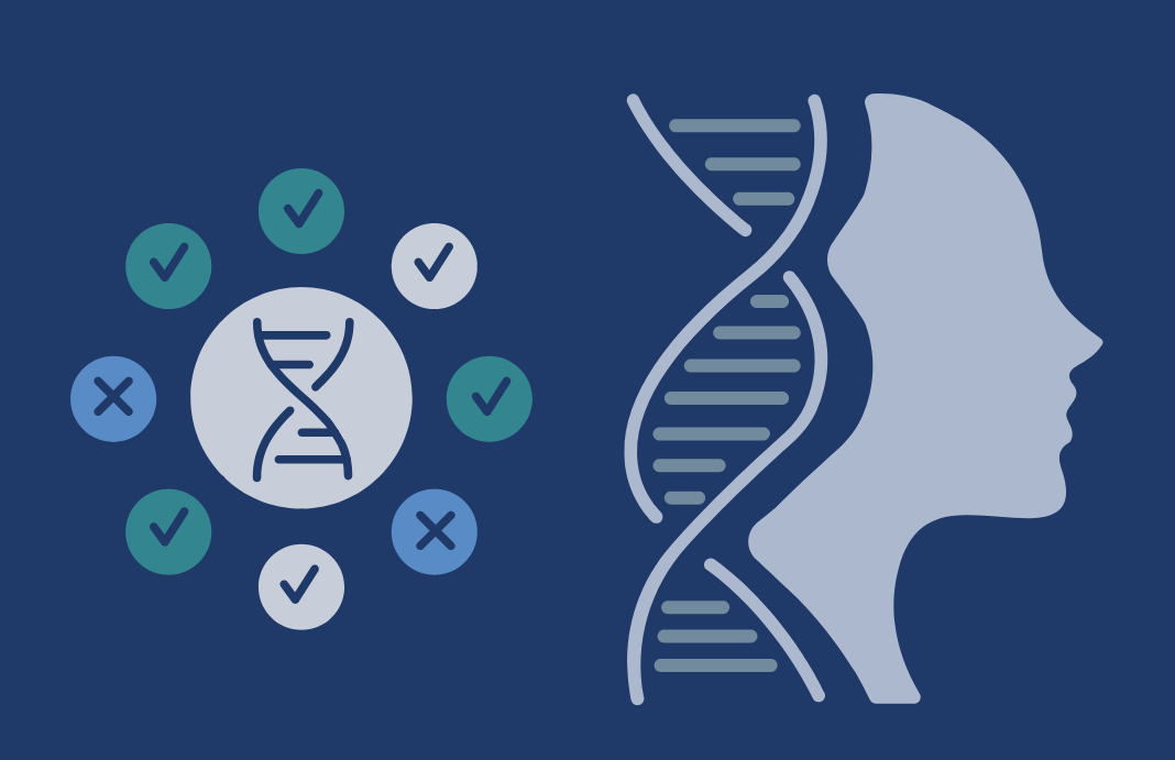 graphic of DNA surrounded by checkmarks and x's next to a strand of dna merged with a person's silhouette