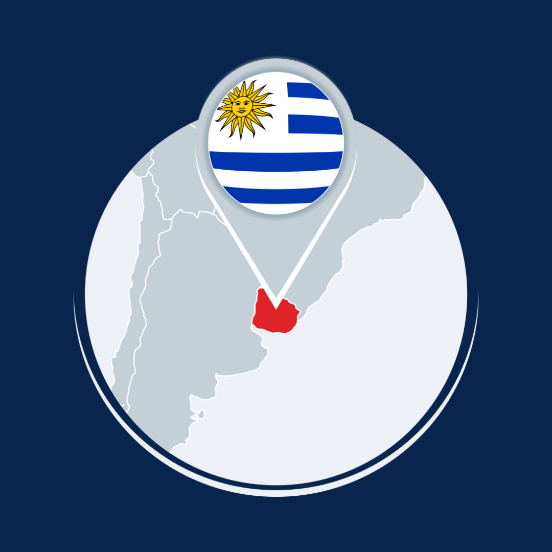 a map showing Uruguay, its flag and location, on a blue background