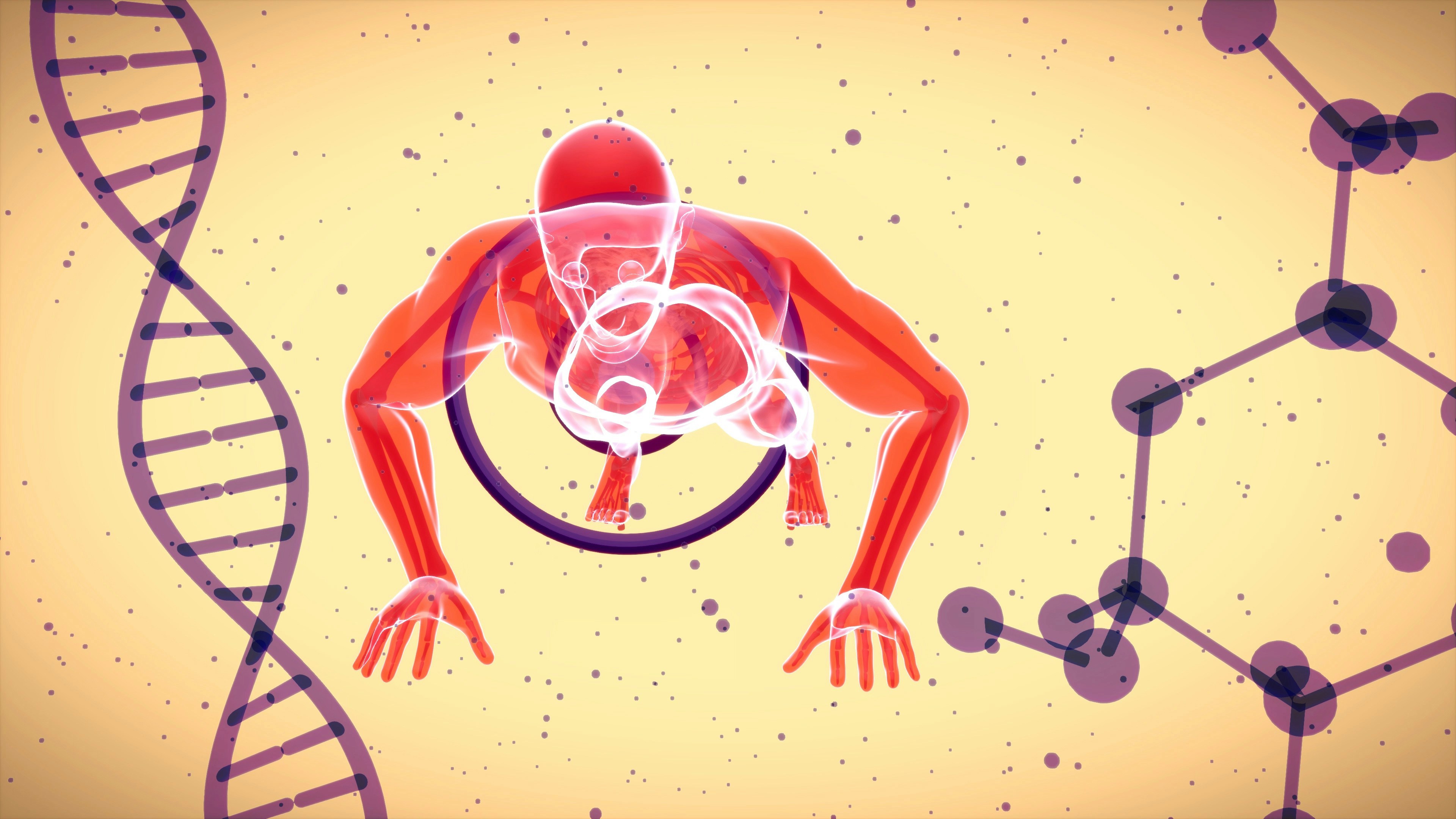 a graphic of DNA, a human body, and molecules