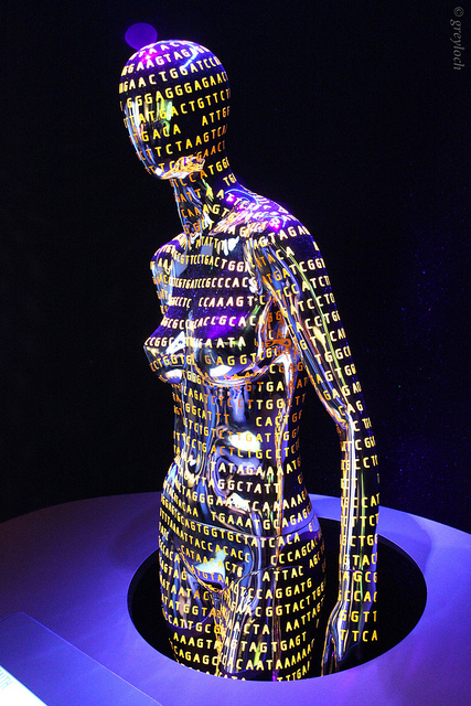 A mannequin of a human with DNA nucleotides (A, G, T, C) sequenced across it's body.