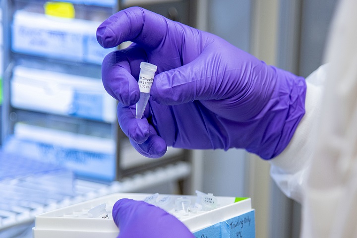 Gloved hand holding vial of DNA