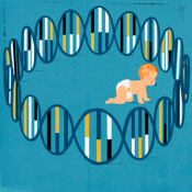a cartoon white baby surrounded by dna double helixes on a blue background. The DNA forms a play pen for the baby