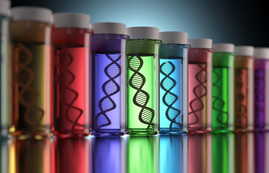 DIgital illustration of dna in vials of different colors. 