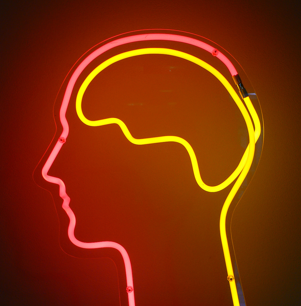 a neon sign in the shape of a person's side profile and brain. The profile is red and the brain is yellow. This is on an unlit brown background.