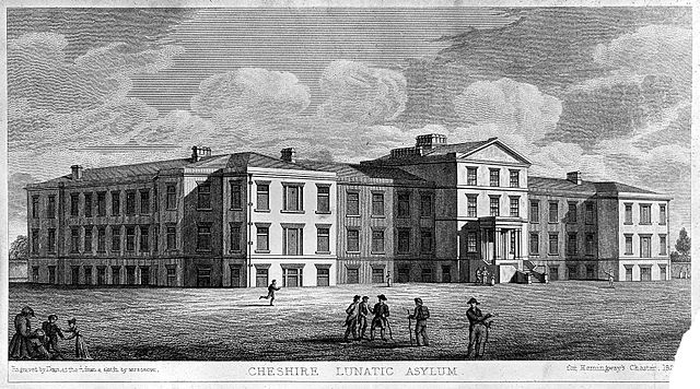 A black and white print depicting the exterior of the Cheshire Lunatic Asylum.