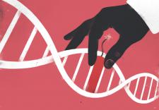 a hand in a lab coat removes a piece from a DNA strand on a pink background