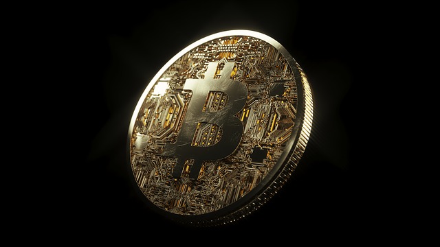 A symbol for cryptocurrrency Bitcoin is shown as a coin falling against a solid black background.