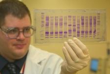 Man holding up clear plate with DNA