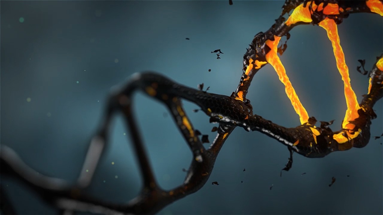 Graphic of a double helix, with two nuceobase pairs highlighted as if being destroyed.