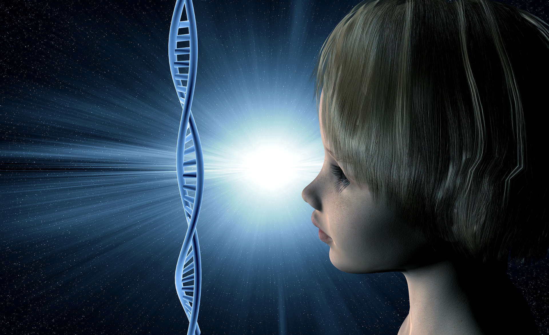 Illustration of a child looking directly forward to a double helix oriented vertically. A  glimmer of light appears between the child and the DNA.