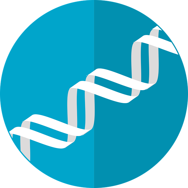 Icon of double helix in white against a circular background of blue