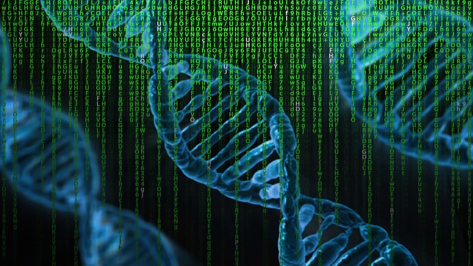 Blue DNA on black background with green vertical letters and numbers on top