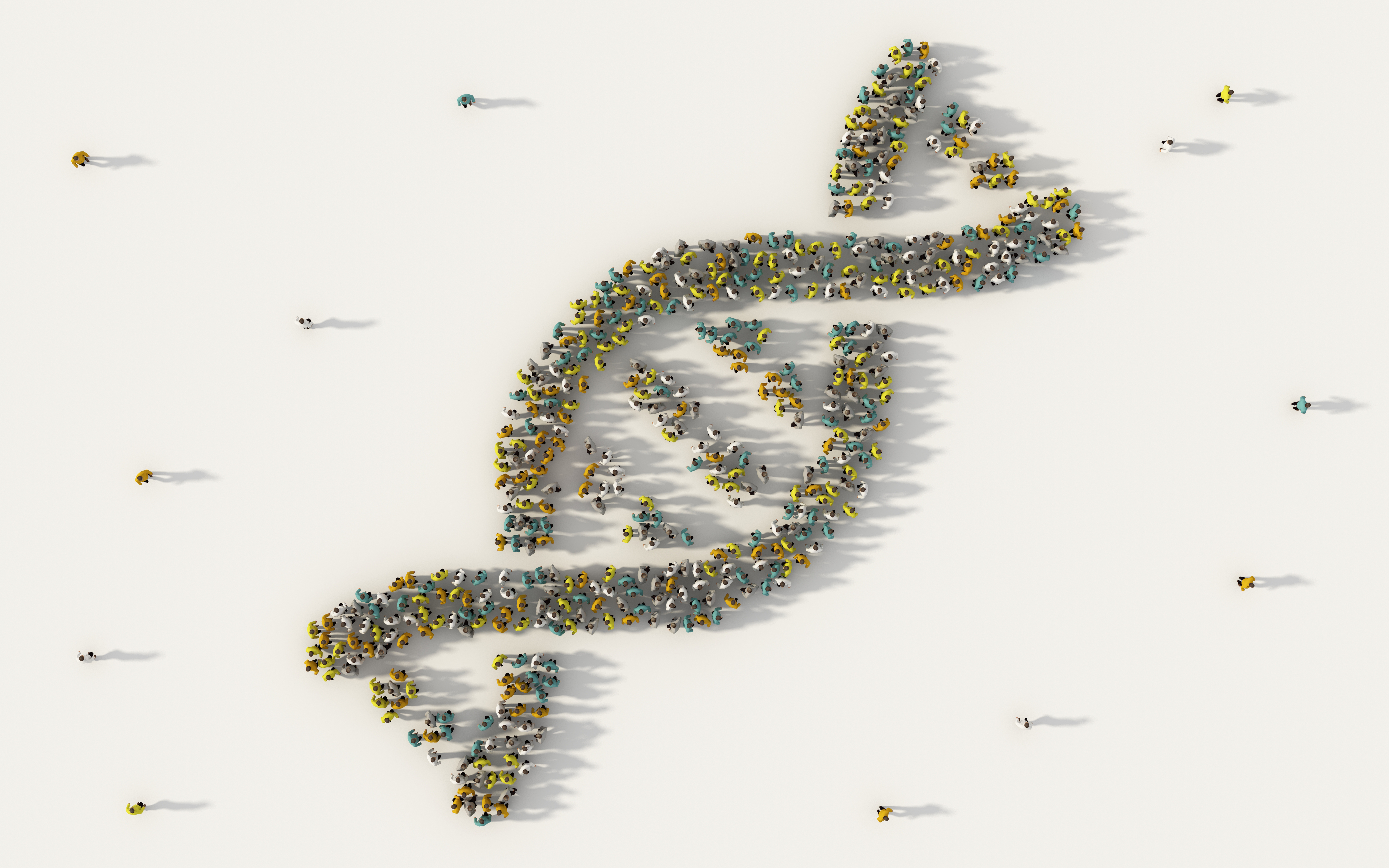 illustration of a group of people from above arranged in a double helix