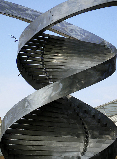 Close-up of metallic double helix structure called “Bootstrap DNA” in Kew Gardens.