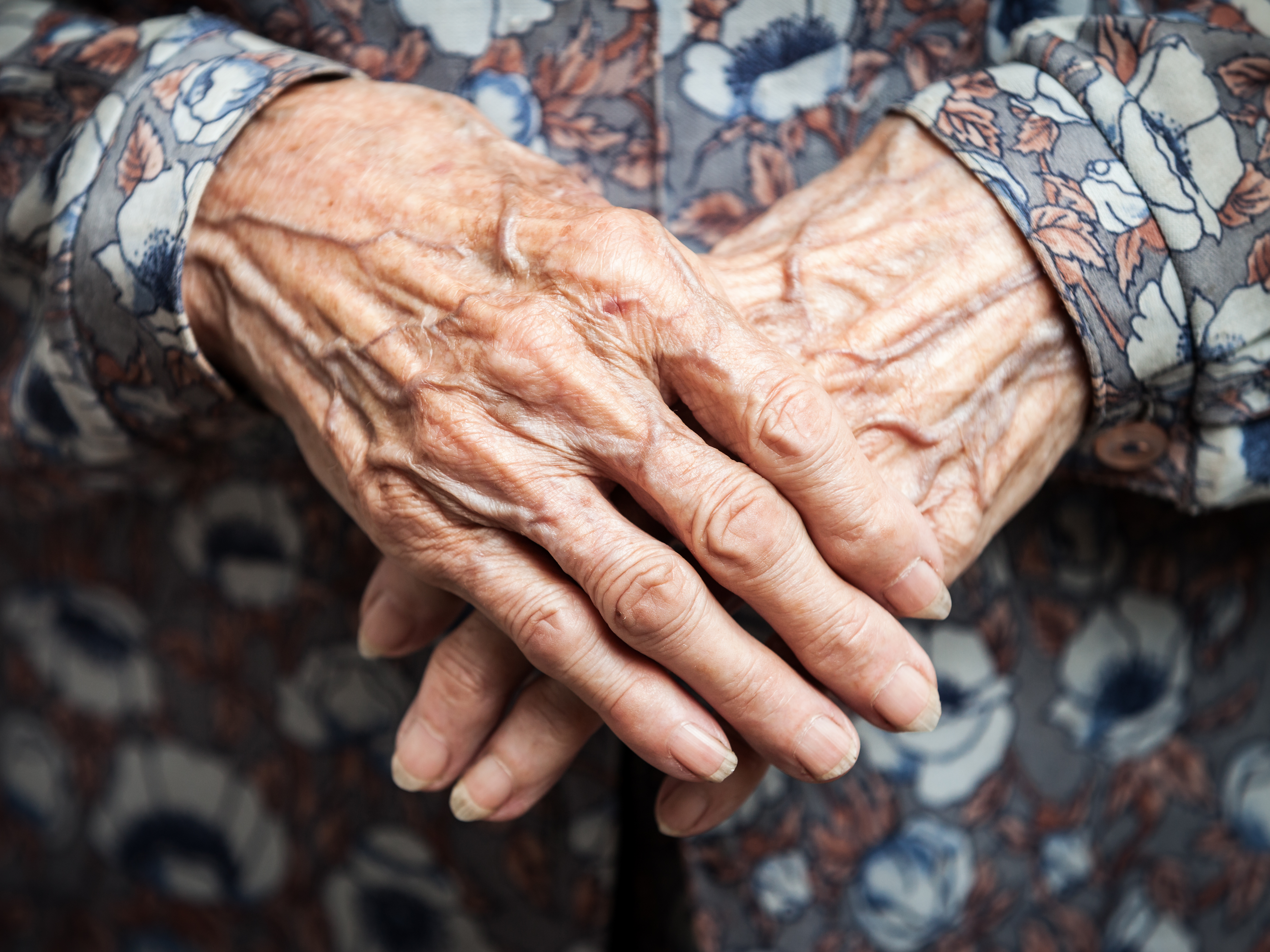 clasped hands of an elderly white woman