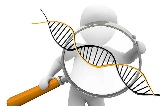 A cartoon figure holds a large magnifying glass up to a strand of DNA