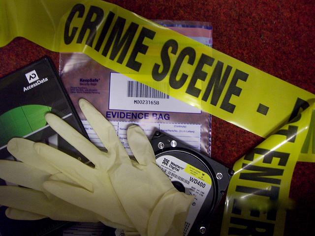 Forensic equipment, including crime scene tape, gloves, and evidence bag.